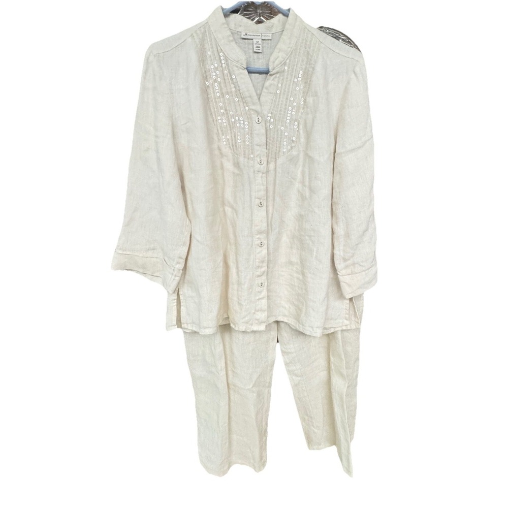 JM Collection 100% Linen Set Blouse Pants Cream Coastal Resort Classic Chic 12P‎